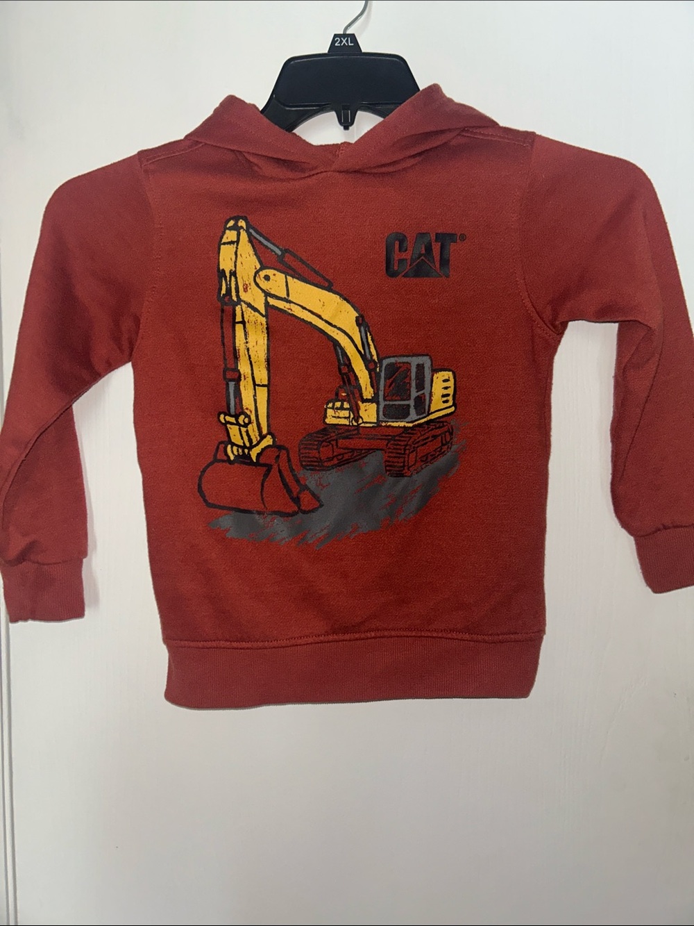 Caterpillar Rust Red Hoodie with Yellow Excavator Print